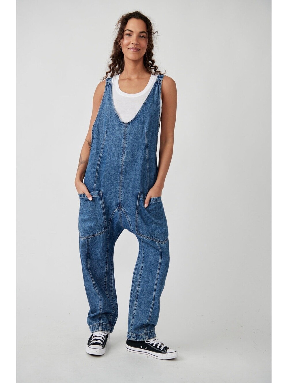 Free People We The Free High Roller Denim Overall Jumpsuit Sz XL